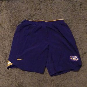 Comfortable LSU shorts, Nike dri-fit, LSU tiger eye logo, adjustable waistband